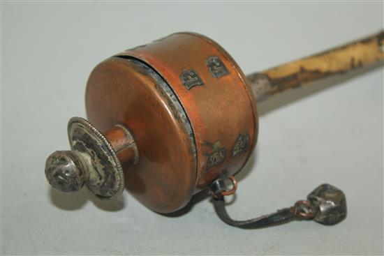 A Tibetan childs copper and wood prayer wheel, late 19th century 22.5cm